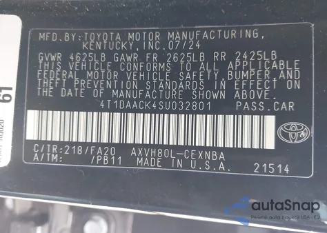 2025 Toyota Camry Le from USA, damaged, VIN 4T1DAACK4SU032801